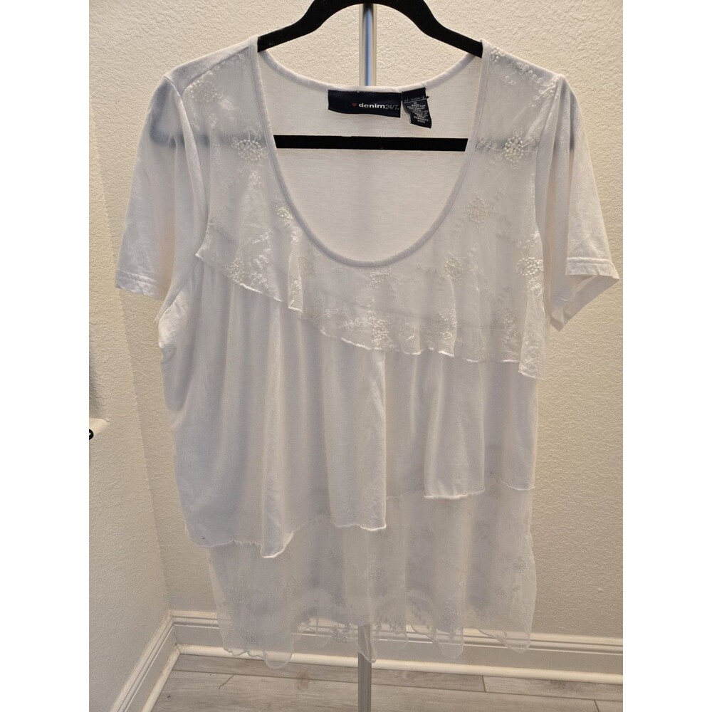 Denim 24/7 Medium White Embroidered Mesh Layered Tiered Ruffle Top Short Sleeve